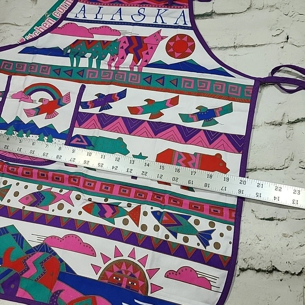 Vintage‎ ALASKA Apron Purple Inuit Arctic Print Bears Eagles 80s NOS